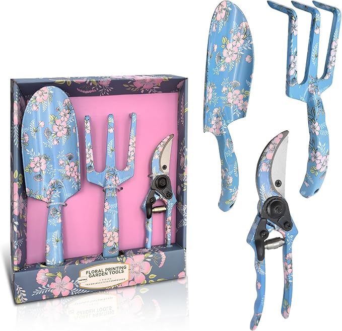 Garden Tool Set, 3 Piece Floral Gardening Tools for Women, Aluminum Gardening Hand Tools with Trowel, Hand Rake & Pruning Shears, Ergonomic Garden Tools for Indoor Outdoor Gardening