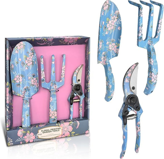Garden Tool Set, 3 Piece Floral Gardening Tools for Women, Aluminum Gardening Hand Tools with Trowel, Hand Rake & Pruning Shears, Ergonomic Garden Tools for Indoor Outdoor Gardening