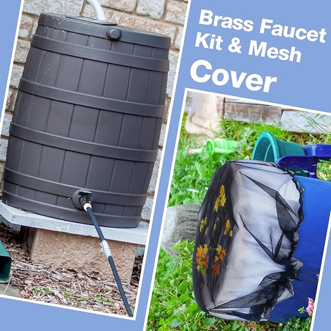 Tujoe 4 Set Rain Barrel Kit Barrel Spigot Kit 3/4 Mesh Cover with Drawstring PVC Barrel Spigot Brass Faucet Kit Bulkhead Fitting Hose Faucet Adapter Thread Seal Tape for Rain Barrel Water
