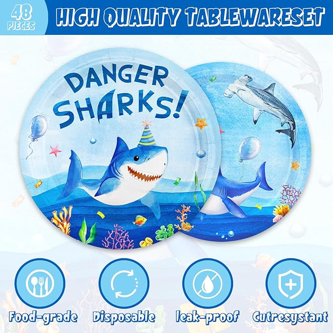 48Pcs Shark Birthday Decorations Plates Napkins and Forks,Shark Birthday Party Under The Sea Party Decorations Baby Shower Set for 16 Guests