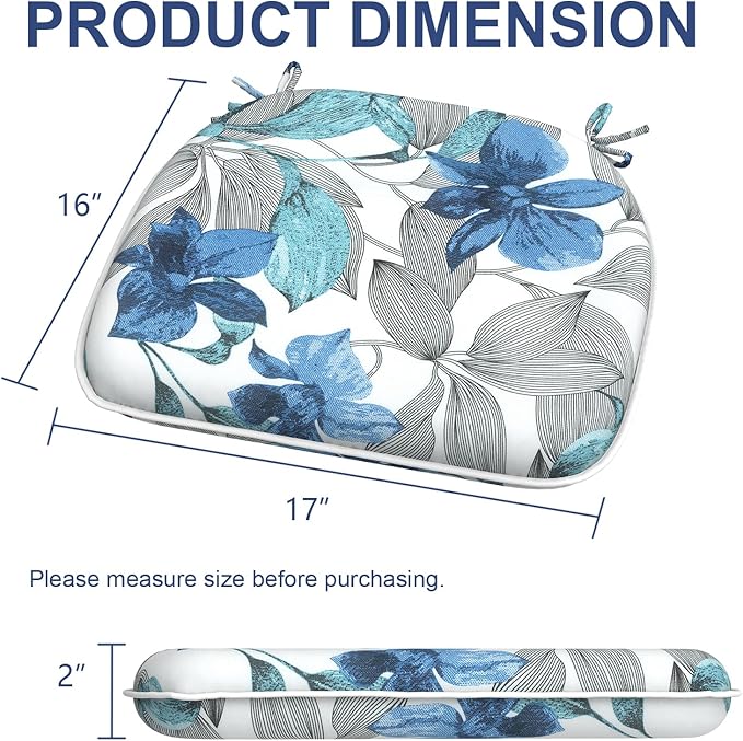 Outdoor Chair Cushions Set of 4, Water Resistant Patio Chair Pads with Ties, Seat Cushions for Home Garden Furniture Decoration, 16"x17", Clemens Noir Blue