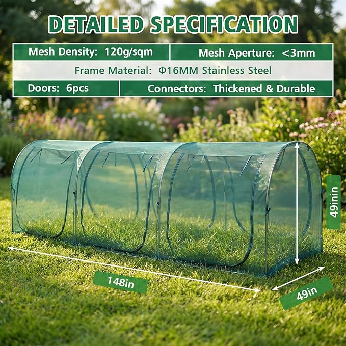 148x49x49inch Crop Cage Portable Tunnel Plant Netting Cover Tomato Netting, 4 Roll-Up Zipper Door Garden Cage, Bug Netting Cover for Vegetables & Fruits, Durable Raised Garden Bed Covers
