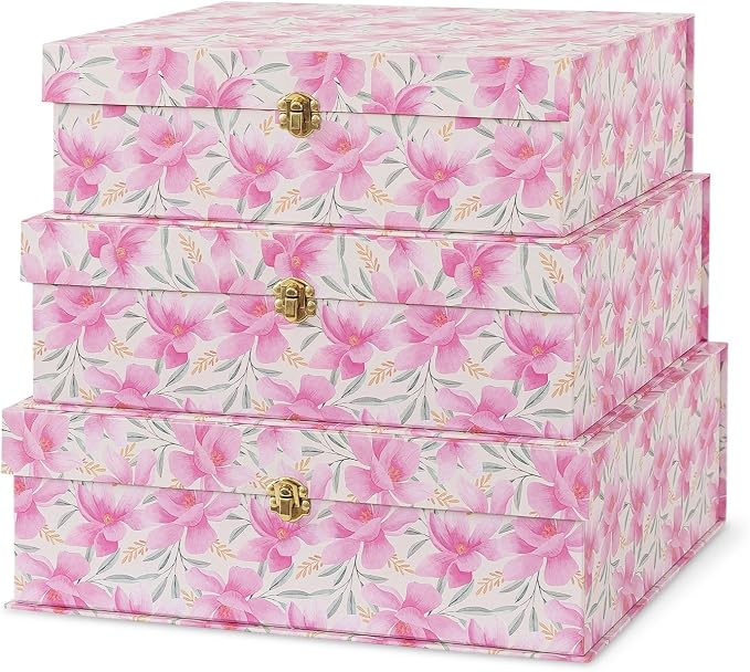 Soul & Lane - Pink Floral Boxes with Gold Hardware, Set of 3, Garden Blush | Stacking Keepsake Boxes with Lids for Home Decor and Organizing, Large Elegant Cardboard Gift and Memory Storage