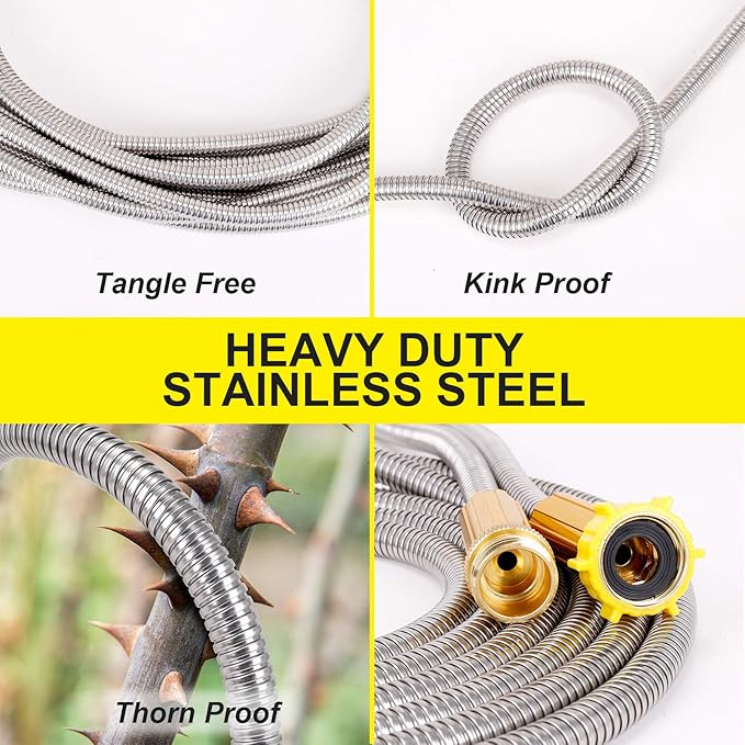 FOXEASE Metal Garden Hose 5FT - Short Hose Stainless Steel Heavy Duty Water Hose with Solid Adjustable Nozzle Portable & Lightweight Kink Free Yard Hose