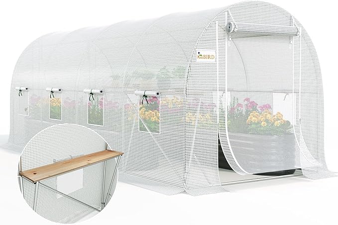 KING BIRD Premium 15x7x7 FT Greenhouse for Outdoors, Large Walk-in Heavy Duty Galvanized Steel Frame, Mesh Door Screen Window Tunnel Hoop Garden Plant Winter Hot House with Storage Shelves, White