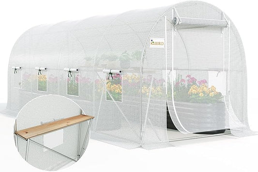 KING BIRD Premium 15x7x7 FT Greenhouse for Outdoors, Large Walk-in Heavy Duty Galvanized Steel Frame, Mesh Door Screen Window Tunnel Hoop Garden Plant Winter Hot House with Storage Shelves, White