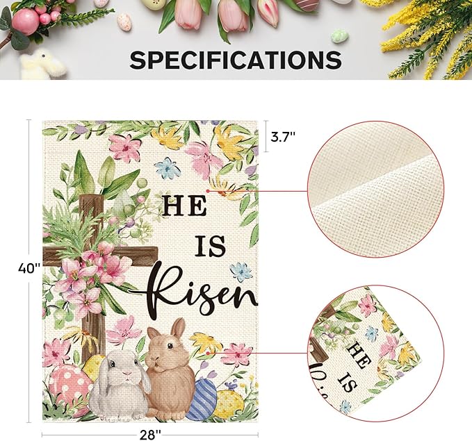AVOIN colorlife He Is Risen Easter House Flag 28x40 Inch Double Sided Outside, Bunnies Flowers Cross Yard Outdoor Decoration