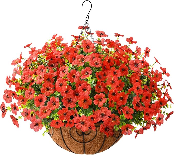 ZFProcess Artificial Faux Hanging Plants Flowers Basket Outdoor Porch Garden Spring Summer Decoration, Fake Silk Daisy in Planter Realistic UV Resistant for Outside Home Patio Balcony Yard(Red)