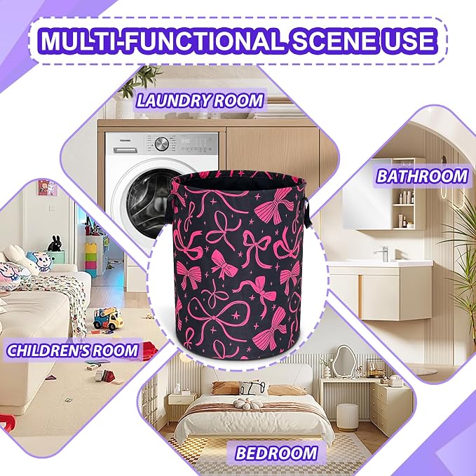 Pink Bowknot Laundry Basket Foldable Oxford Cloth Bow Hamper 18.9 x 16.5 In