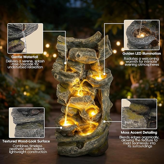 7-Tier Cascading Outdoor Fountain with LED Lights, 37.2" H Fountains and Waterfalls Realistic Tree Trunk for Garden, Patio, Yard Decor