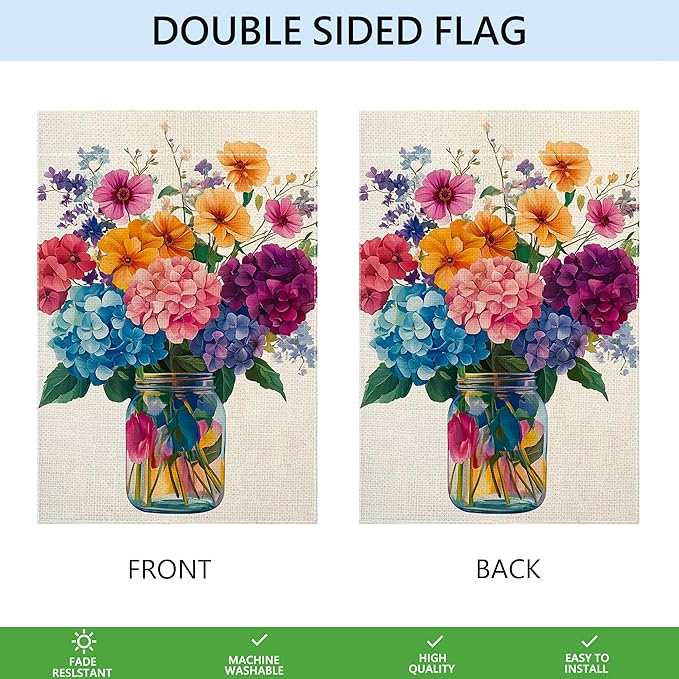 Spring Summer Colorful Floral Mason Jar Garden Flag 12x18 Inch Double Sided Hydrangea Flower Yard Outdoor Flag House Holiday Outside Decoration