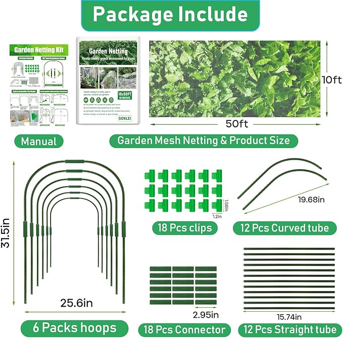GonLei 10x 50FT Garden Mesh Netting Kit Raised Beds (6 Pcs Garden Hoops & 18 Clips) Garden Hoops Plant Netting Protection Row Covers Berry Bush Truit Trees Vegetables Grass Seed Barrier Net