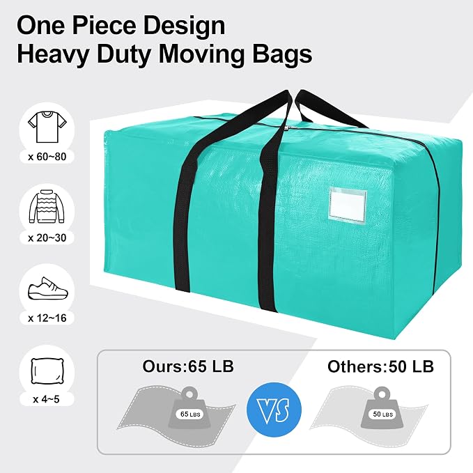 VELVETSURE 12 Pack Heavy Duty Large Moving Bags W/Backpack Straps - Strong Handles & Zippers, Storage Totes For Space Saving, Fold Flat, Alternative to Moving Box and Storage Bin, Aquamarine
