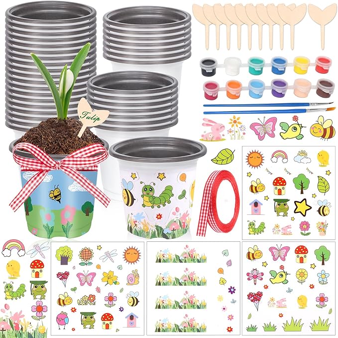 Garden Plastic Pot Craft Kit 32 Nursery Pots with 32 Stickers 32 Plant Labels 4 Painting Tools and 1 Ribbon for Mother's Day Flower Plant Spring Graduation DIY Crafts Painting Gardening Growing Tools