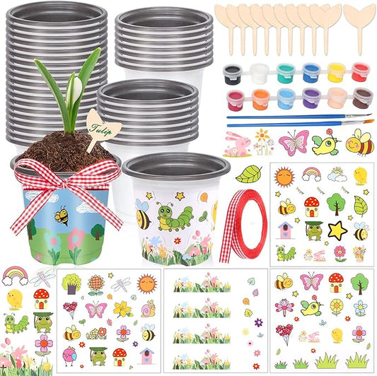 Garden Plastic Pot Craft Kit 32 Nursery Pots with 32 Stickers 32 Plant Labels 4 Painting Tools and 1 Ribbon for Mother's Day Flower Plant Spring Graduation DIY Crafts Painting Gardening Growing Tools