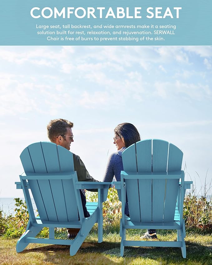 SERWALL Folding Adirondack Chair with Cup Holder Outdoor Adirondack Chairs Weather Resistant Patio Chair Fire Pit Chairs - Light Blue