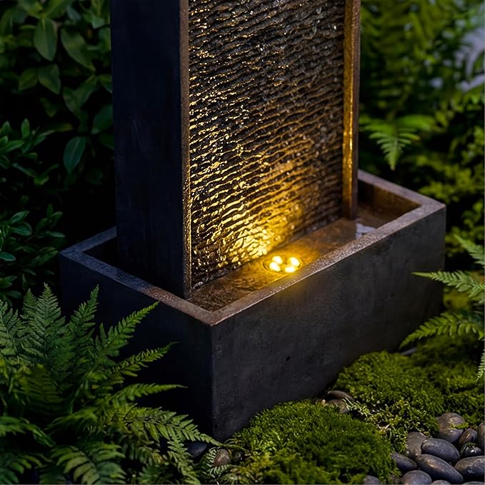 35-Inch Outdoor Water Fountain, Modern Curved Faux Slate Resin Indoor Waterfall Fountain with 2 Warm LED Lights, Home Art Decor for Garden, Patio, Yard, Deck, Porch, Balcony in Black