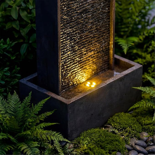 35-Inch Outdoor Water Fountain, Modern Curved Faux Slate Resin Indoor Waterfall Fountain with 2 Warm LED Lights, Home Art Decor for Garden, Patio, Yard, Deck, Porch, Balcony in Black