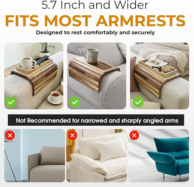 Bamboo Couch Cup Holder, 2 Cork Coasters, Anti-Slip Foldable Couch Arm Tray | 2 in 1 Foldable Sofa Arm Tray, Couch Armrest Table, Anti-Spill Couch Arm Table for Drinks TV Remote Cellphone Snacks