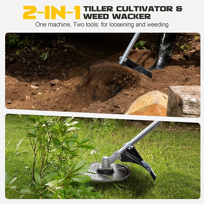 Cordless 2-in-1 Tiller Cultivator & Weed Wacker Compatible with Dewalt 20V Battery (Tool Only), 500RPM Electric Garden Tiller String Trimmer, 9" Tilling Width 9.4" Depth for Soil Lawn Cultivation