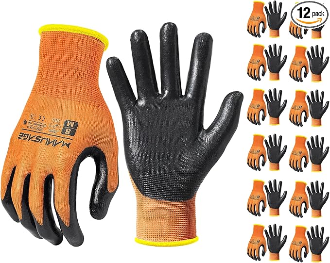 MANUSAGE Safety Work Gloves - Protective Glove for Men & Women - Ultrathin Hand Protection - For Construction, Gardening, Landscaping - Orange - Size L - 12 Pairs
