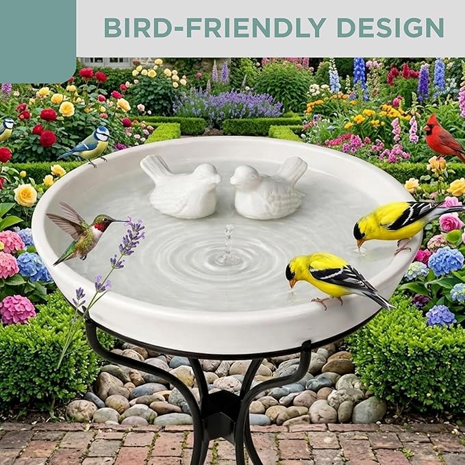 Alpine Corporation VTFAM148A 12" White Ceramic Bird Bath with Decorative Bird Accent & Black Metal Stand – Outdoor Garden Patio Yard Birdbath, 17" Tall Pedestal Base
