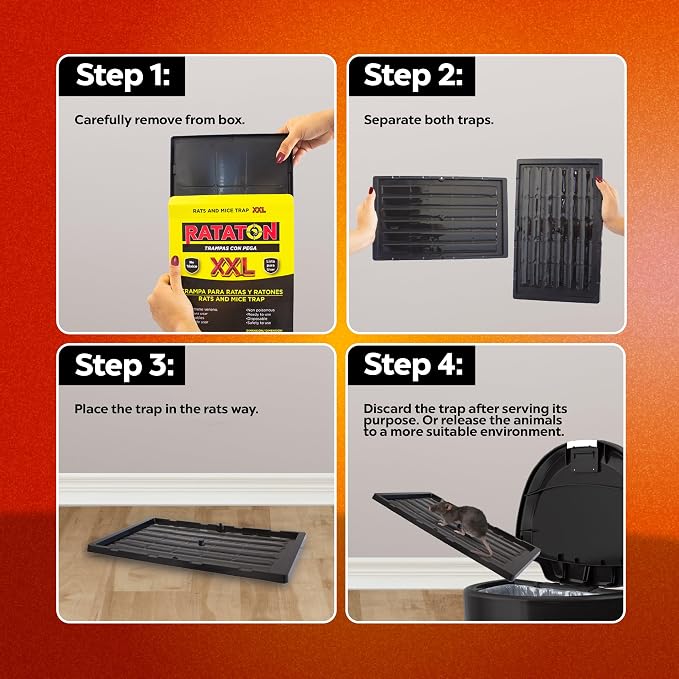 Glue trap for rats and mice, for extra large animals, without poison, non-toxic, you can release the animal just apply cooking oil. Easy to use indoor and outdoor use, Safe for people and pets