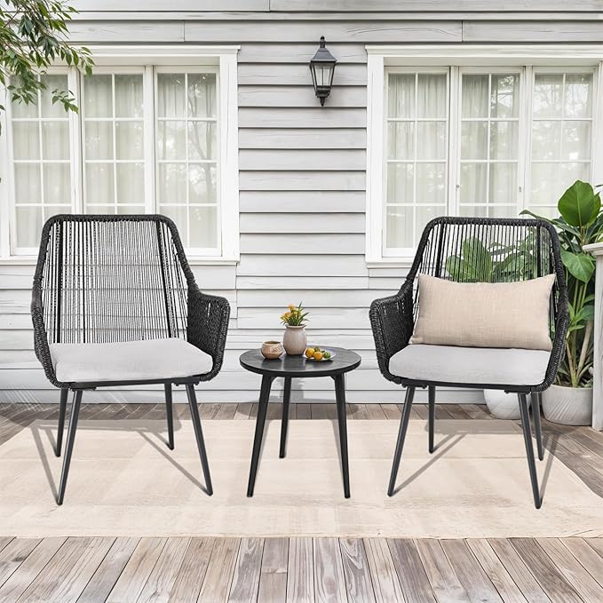 Patio Dining Chairs Outdoor Dining Chairs Set of 2, Woven Twisted Wicker Rattan Chair with Armrest and Cushion, Modern Indoor Outdoor Seating for Garden, Lawn, Backyard, Black
