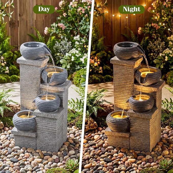 Giantex 4-Tier Water Fountain Outdoor, 23 Inch Cascading Bowls Waterfall Fountain with Warm LED Lights & Pump, Outside Zen Water Feature for Patio, Balcony, Deck, Garden, Yard Decor