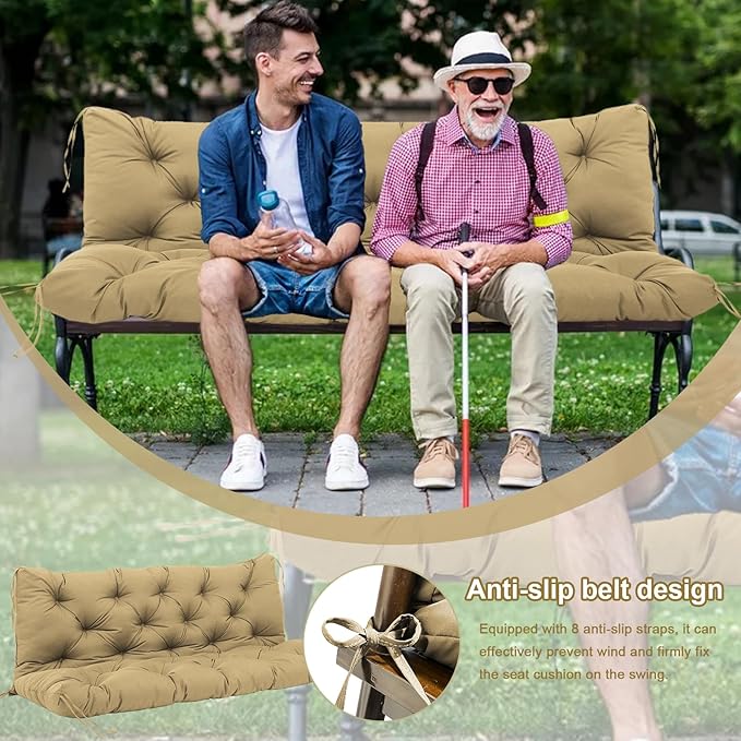 Premium 5" Thick Waterproof Porch Swing Cushions Sturdy Durable 2-3 Seat Replacement Outdoor Swing Cushions with Backrest&Ties Bench Cushion for Outdoor Furniture Backyard Patio Garden (Khaki)