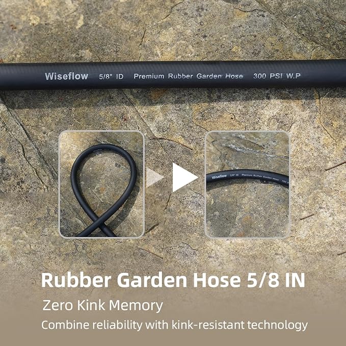 Wiseflow Garden Hose 100FT x 5/8", Heavy Duty Rubber Hose, Water Hose with Five Layered Braiding, Male Female Fittings, 1000PSI Burst, 300PSI Working for Yard, Car Wash, Pets (Black)