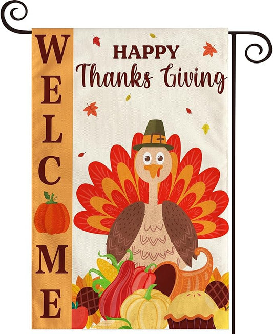 OHOME Thanksgiving Decorations - Welcome Garden Flag | Thanksgiving Decor Outdoor Outside - Friendsgiving Party Decorations Essentials Double-Side Backdrop Banner for Garden Porch Patio Lawn,12x18 Inch