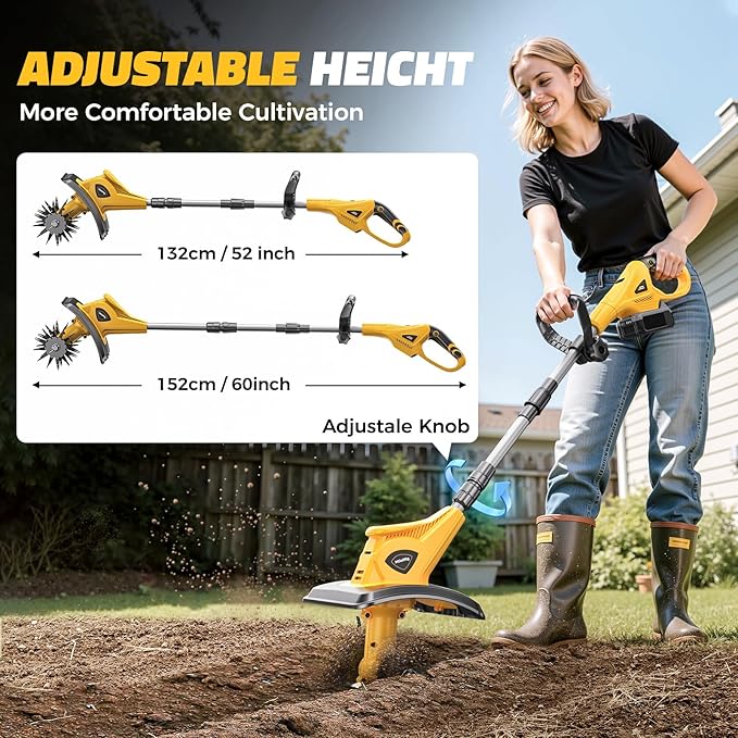 Cordless Tiller Cultivator Compatible with Dewalt 20V (No Battery), Tiller for Gardening 360RPM Electric Garden Tiller, Brushless Rototiller 9" Width 6.3" Depth for Lawn/Soil Cultivation, Yellow
