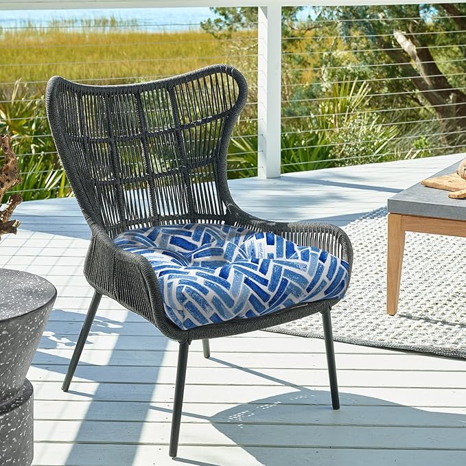 DYTXIII Set of 2 Outdoor Chair Cushions 19"x19"x4", Water Repellent Tufted Patio Seat Cushions with Ties, Thick Replacement Pads for Wicker Dining Chairs, Patio Furniture, Blue Bricks