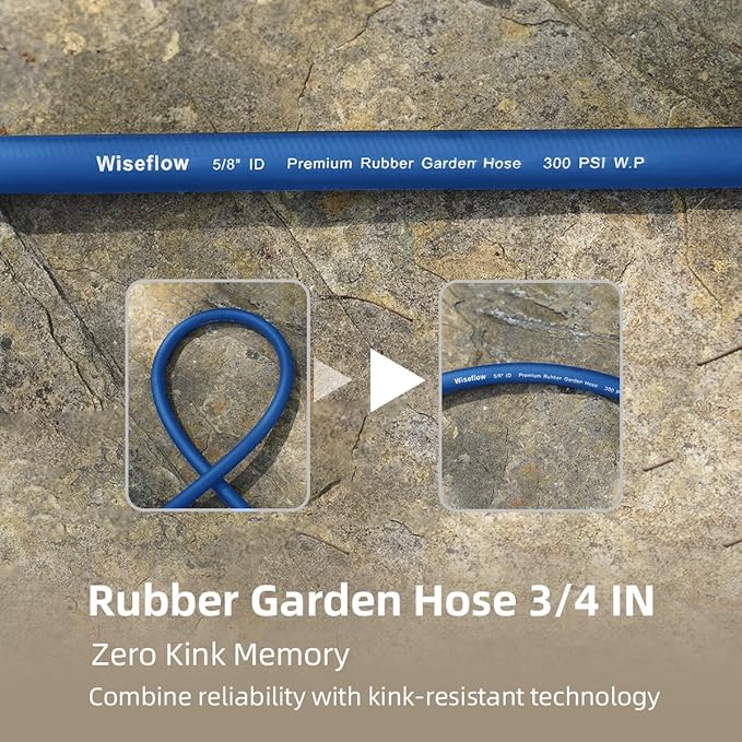 Wiseflow Garden Hose 150FT x 5/8", Heavy Duty Rubber Hose, Water Hose with Five Layered Braiding, Male Female Fittings, 1000PSI Burst, 300PSI Working for Yard, Car Wash, Pets (Blue)