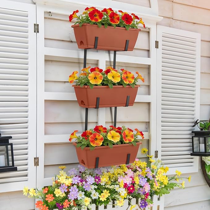 OYEAL Railing Planter Box Outdoor 3 Tier Vertical Hanging Flower Pots with Adjustable Brackets Window Boxes Planter Plastic Flower Pots for Patio, Deck, Porch Railing, Balcony Fence, Brick Red