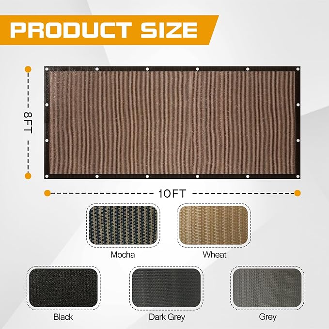 8'x 10' Sun Shade Cloth with Bungee Balls, Mocha Outdoor Pergola Shade Cover with Grommets, 90% UV Block Privacy Screen for Patio, Garden, Backyard