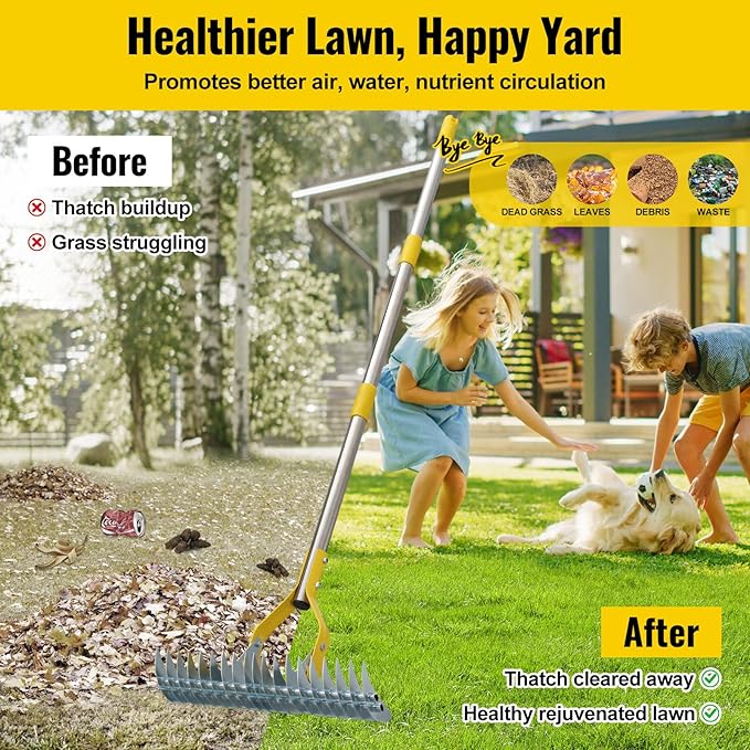 Thatch Rake, 2 in 1 Stainless Steel Garden Rake for Thatch Leaves,55” Heavy Duty 19 Tines Lawn Manual Dethatcher with Adjustable Head,Thatching Rakes for Lawn Yard Grass,Debris Removal, Soil Loosen