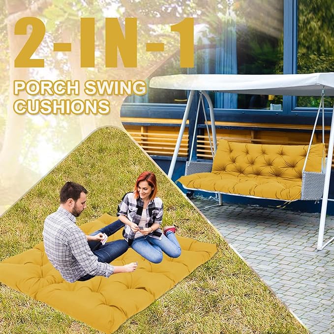 Premium 5"Thick Waterproof Outdoor Swing Cushions Sturdy Durable 2-3 Seat Replacement Porch Swing Cushions with Backrest&Ties Bench Cushion for Outdoor Furniture Backyard Patio(Yellow60x40in)