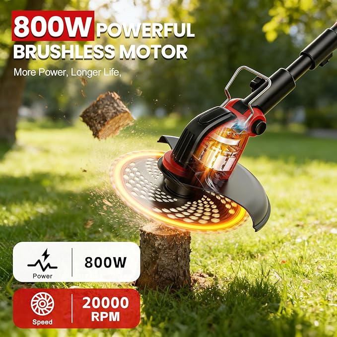 12-Inch Cordless Electric Weed Wacker, 2x3.0Ah 21V Battery Powered Weed Eater with Wheels, 800W Brushless Motor, Lawn Mower with 4 Types Blades, 20000RPM Brush Cutter Grass Trimmer for Garden Yard