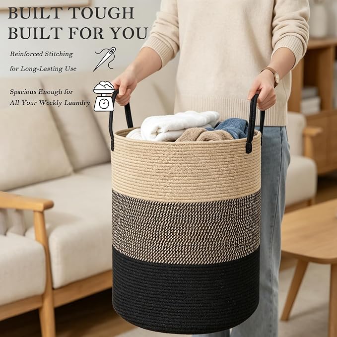 70L Woven Laundry Basket, Large Clothes Hamper with Handles- Jute