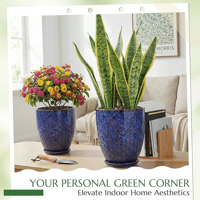 9.5 Inch Flower Pots for Indoor Plants,Ceramic Planter with Saucer Drainage Leak-Proof Mesh Gardening Gloves (Peacock-Blue)