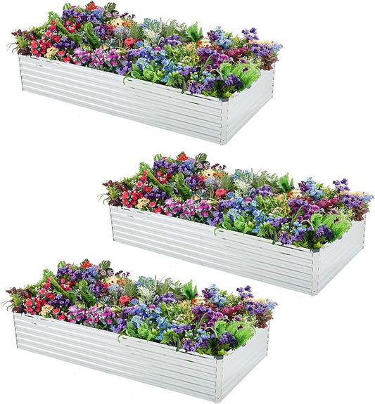 Meberam 3 Pack 6x3x1FT Galvanized Raised Garden Bed Kit, Outdoor Metal Planter Box for Vegetables, Bottomless Rectangular Gardening Bed with Support Rods, Tool-Free Assembly, Silver