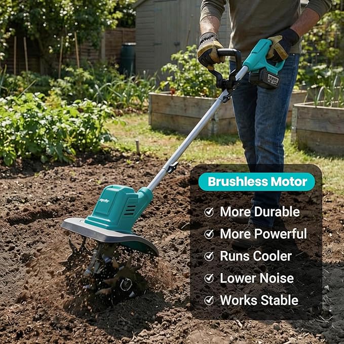Cordless Brushless Garden Tiller Cultivator Compatible with Makita 18v Battery (Tool Only), 10’’ Wide 7’’ Deep Electric Soil Rototiller, 48-Tine Mini Rotary Aerator for Garden Beds & Soil Preparation