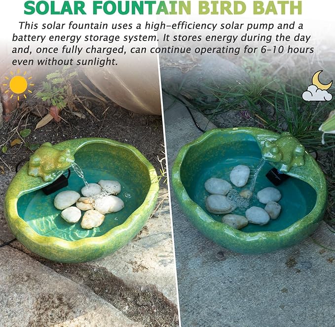 Ceramic Solar Water Fountain with Battery Backup, Solar Powered Water Fountain，Outdoor Water Feature Bird Bath for Garden, Patio & Yard Decor,Working at Night for at Least 6 Hours (Frog).