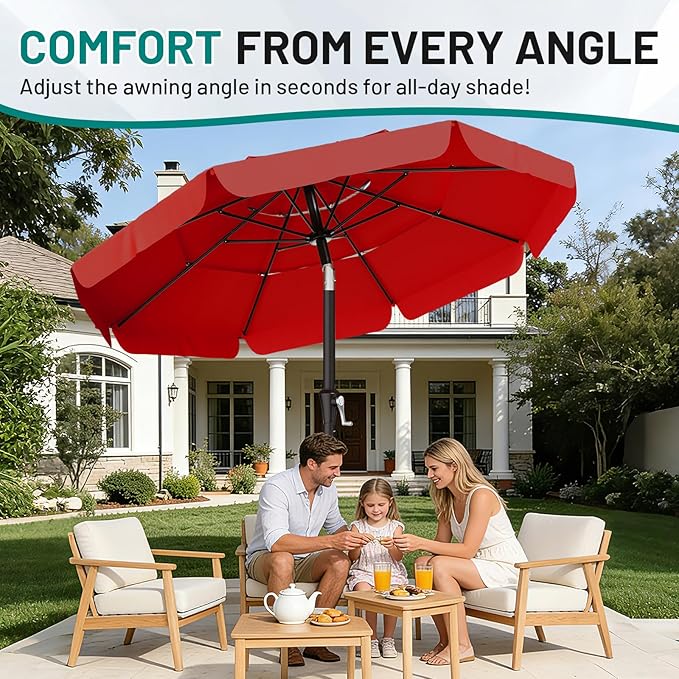 AreShark 10FT 3-Tiers Patio Umbrella with Valance, Outdoor Umbrellas with Crank/Tilt, Table Market Umbrella Vented w/ 8 Sturdy Ribs for Garden, Deck, Backyard, and Pool, Red