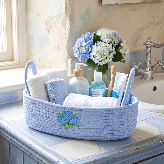 Vesici Hydrangea Toilet Paper Basket Cotton Rope Bathroom Organizer | Hydrangea Woven Rope with Handle, Boho Blue Hydrangea Decor, Countertop Organizer for Closet Bedroom Nursery, 13x6x4 in