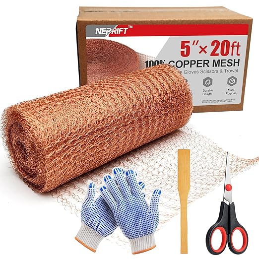 5 Inch×20 ft Copper Mesh Rodent Control, 100% Pure Copper Barrier for Mice Rat and Snail, Gap Filler for Home Repair and Gardening, Includes Scissors, Gloves and Trowel