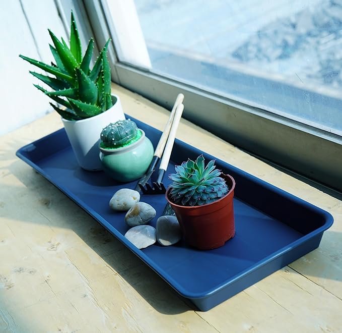 VUWEZ 6 Pack of Plastic Plant Tray Saucer Rectangular, Planter Trays Saucers for Indoors Outdoor, Plant Water Drip Tray for Flower Pot Planter, Windowsill Trays (6.5 X 13 Inch, Blue)