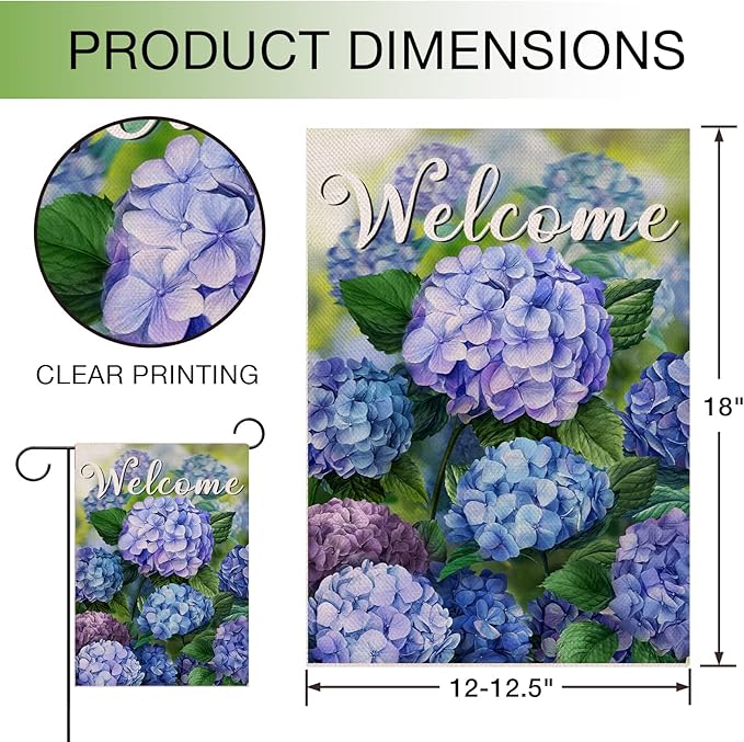 Hzppyz Welcome Spring Floral Flowers Garden Flag Double Sided, Hydrangea Decorative Yard Outdoor Home Small Decor, Summer Farmhouse Burlap Outside House Decoration 12 x 18
